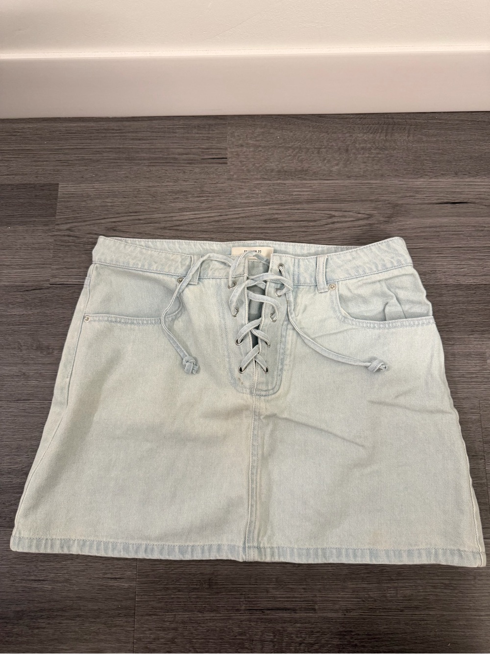 Light Wash Lace-Up Denim Mini Skirt
